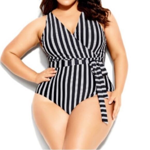 City Chic Other - NWT City Chic black stripe Palm Beach belted one piece swimsuit, 22